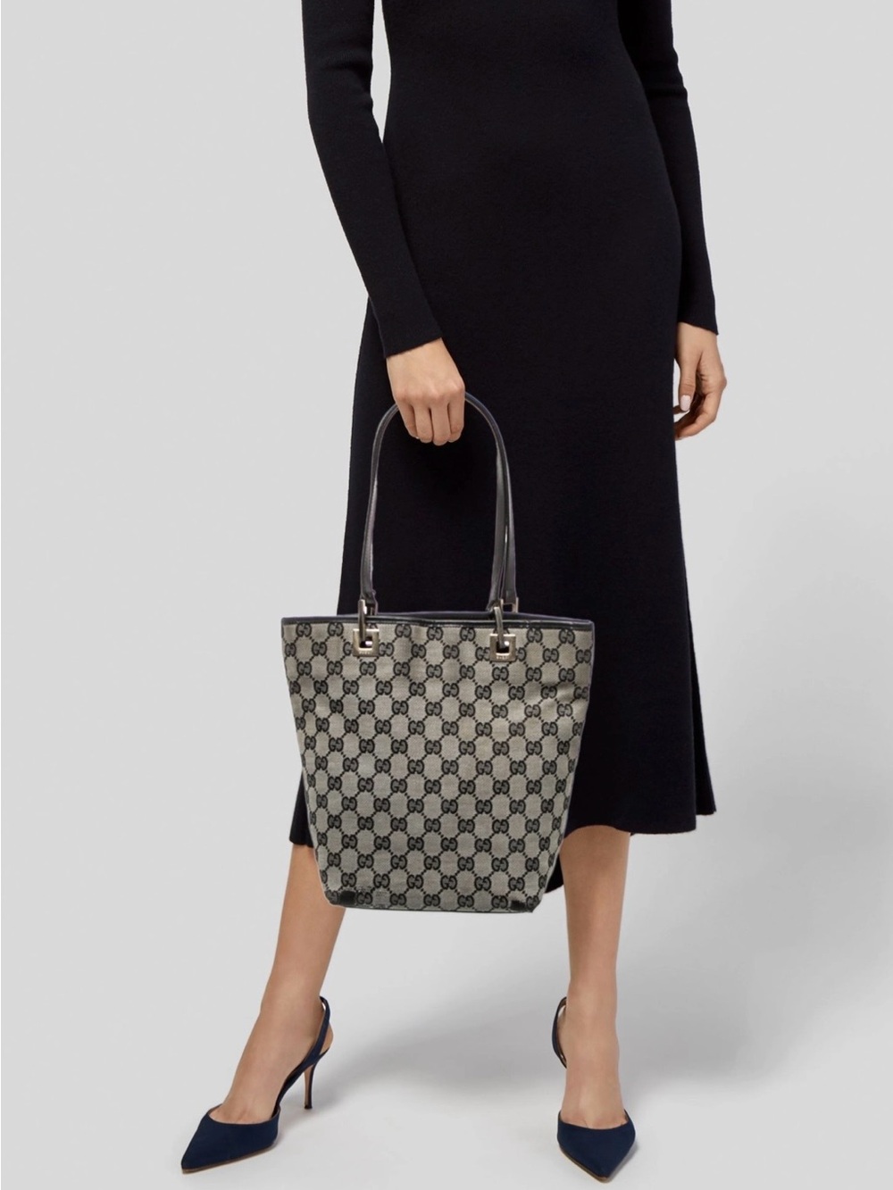 VINTAGE Gucci GG Canvas Eclipse Tote with Black Leather Trim